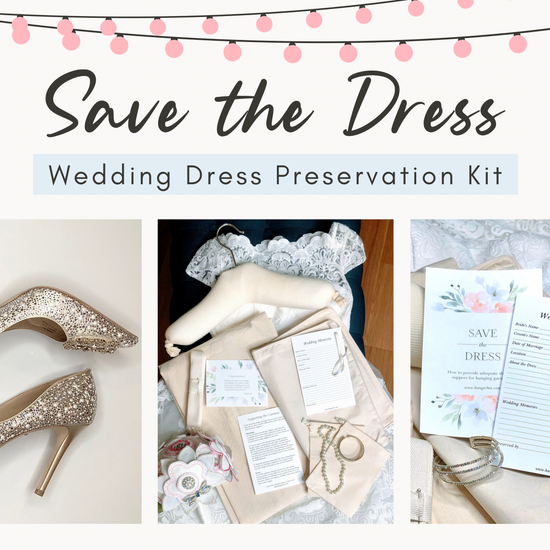 image featuring items in hangerbee padded hanger's save the dress, wedding dress preservation kit. The kit includes an heirloom safe, preservation quality padded clothes hanger, a large cotton garment bag, a large, zippered, cotton accessory bag and two small cotton drawstring bags, yards of cotton twill take, a wedding memories memory card, and instructions.