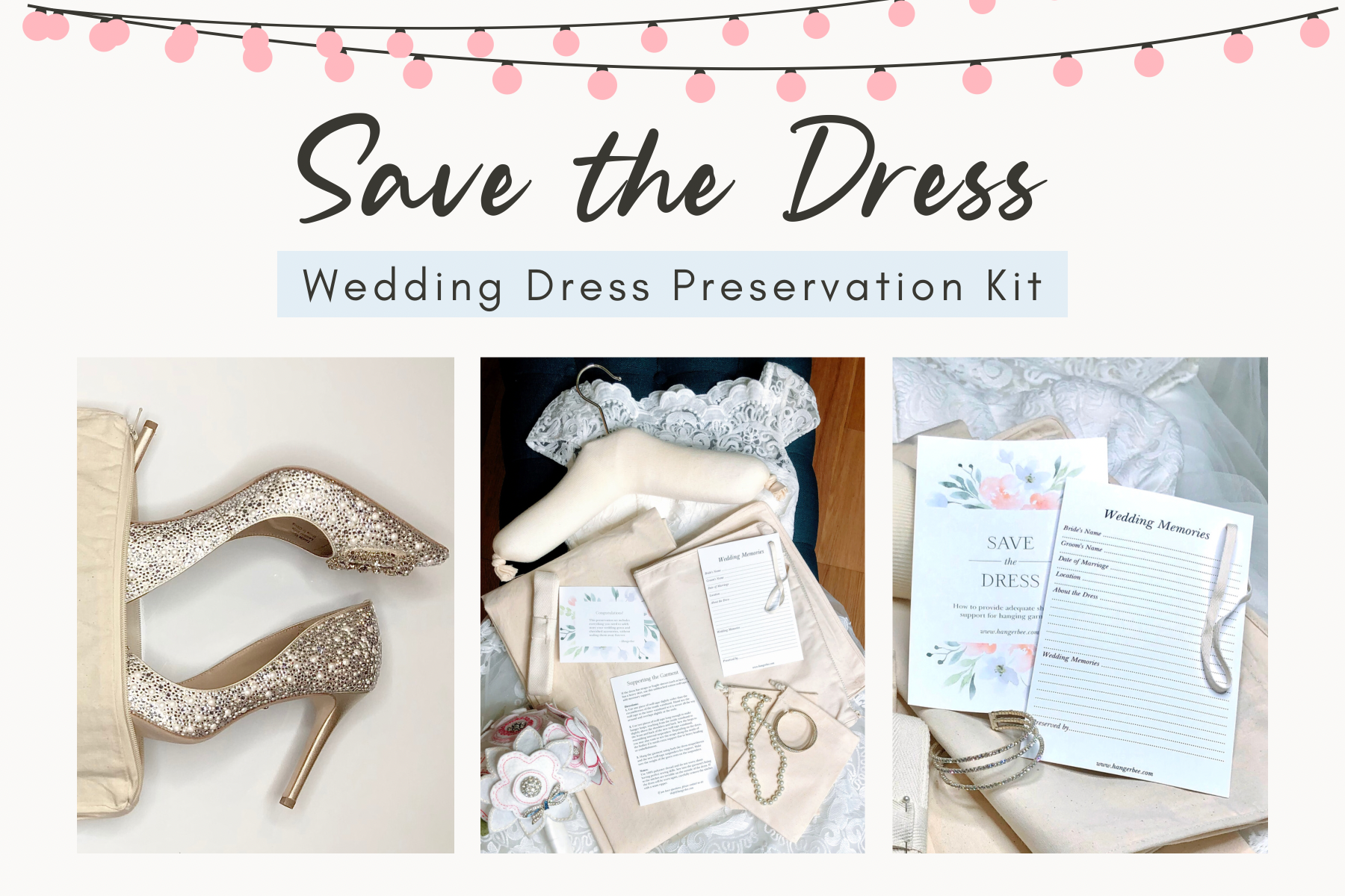 image featuring items in hangerbee padded hanger's save the dress, wedding dress preservation kit. The kit includes an heirloom safe, preservation quality padded clothes hanger, a large cotton garment bag, a large, zippered, cotton accessory bag and two small cotton drawstring bags, yards of cotton twill take, a wedding memories memory card, and instructions.